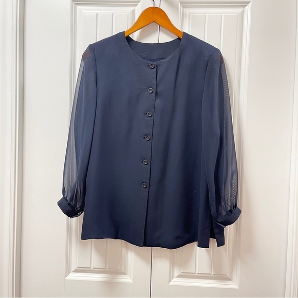Vintage Button-Up Blouse with Sheer Sleeves Navy - M - Picture 1 of 11